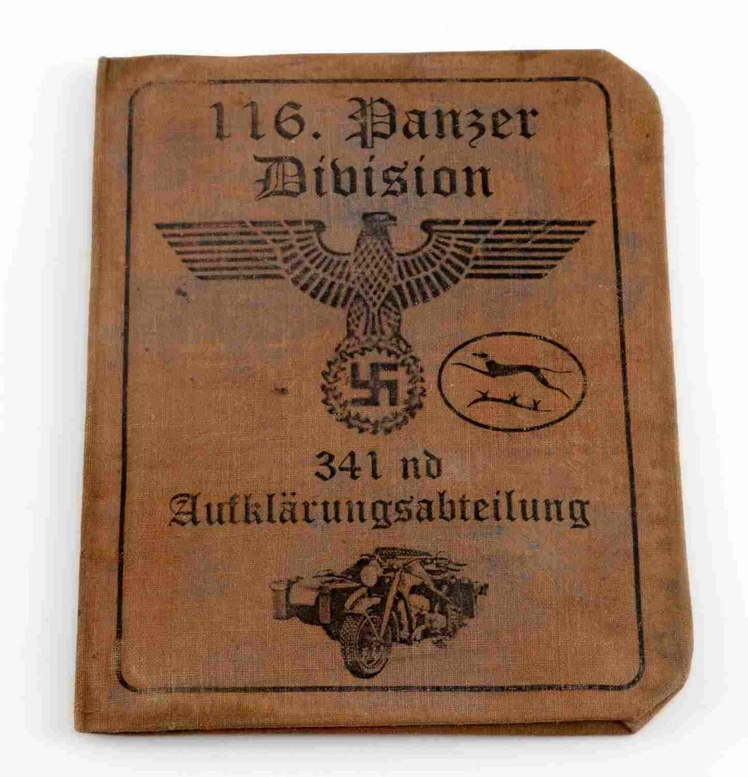 WWII GERMAN THIRD REICH WAFFEN SS BIKER AUSWEIS ID: WWII German Third Reich Waffen SS Biker Ausweis ID card. Ausweis is from the 116th Panzer Division. August Fitz is stamped on the inside. Very good condition. Unauthenticated; sold as is. This lot has