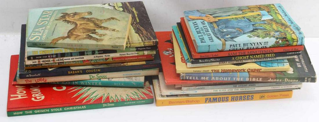 LARGE LOT OF CHILDRENS FIRST EDITION BOOKS: Lot of 23 first edition children's books from the 50s and 60s. Highlights include: How the Grinch Stole Christmas, The 500 Hats of Bartholomew Cubbins, Where They Go In Winter (with dust jacket), The 
