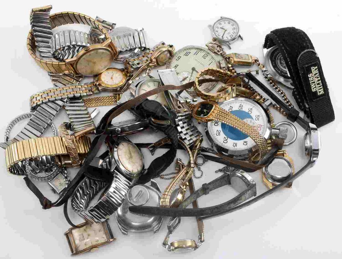 POCKETWATCH WRIST WATCH LOT OMEGA SOUTH BEND: Most are non working, including the South Bend pocket watch and the Omega automatic wrist watch, some better pieces and movements, Elgin, Gruen