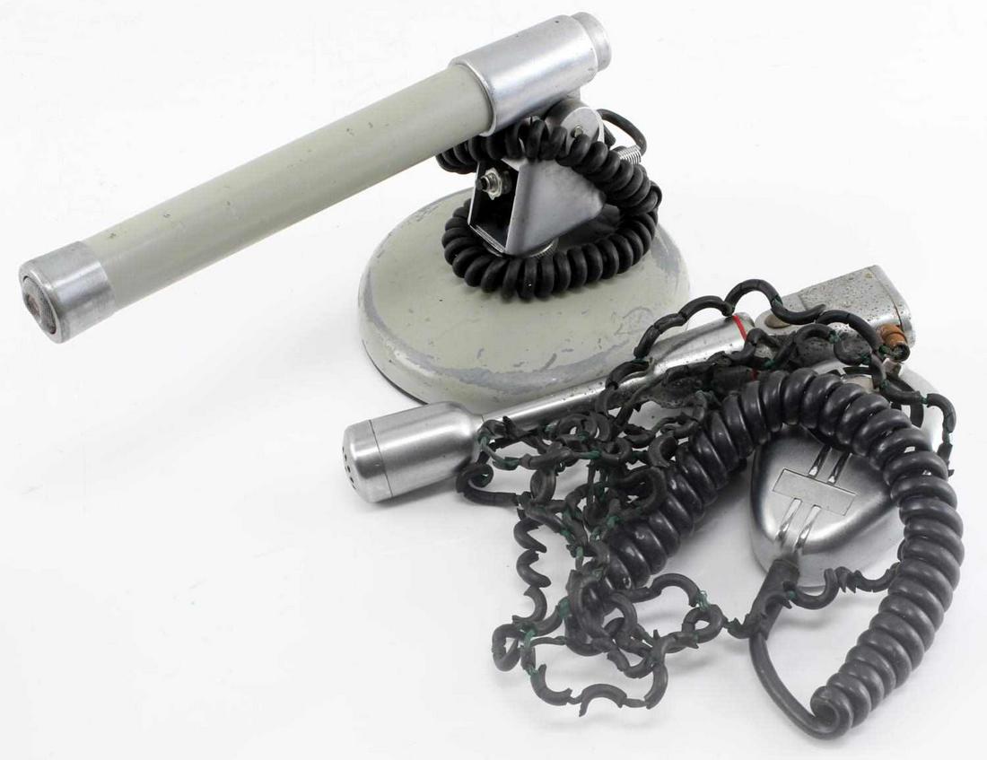 ASSORTED LOT VINTAGE COLLINS DYNAMIC MICROPHONES: Lot includes THREE (3) microphones: ONE (1) CB-style model unknown, ONE (1) Model SM-1 without stand, and ONE (1) Model SM-2 style (unmarked) with stand. Some wear and pitting present. Some age wear t