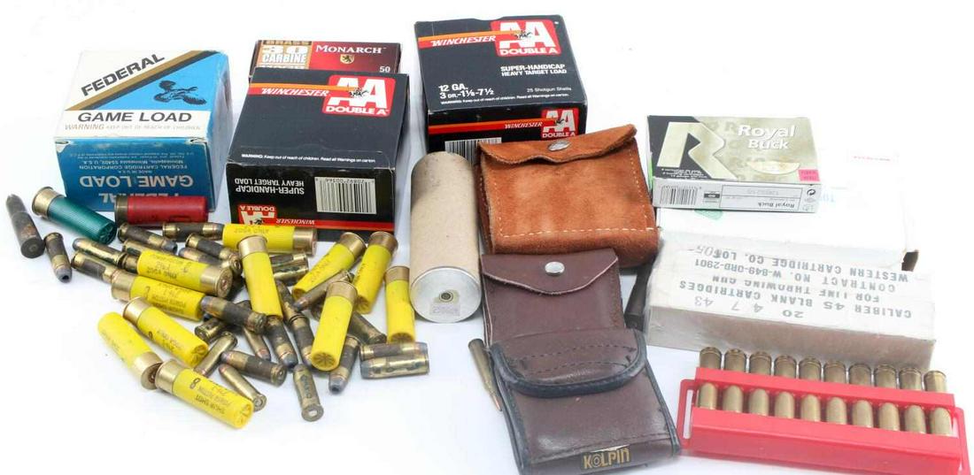 ASSORTED SHOTGUN RIFLE PISTOL AMMUNITION LOT: Assorted Shotgun Rifle and Pistol ammunition lot. The lot includes 41 loose shells of 20 gauge, .44 Remington and 357 magnum. 50 Winchester 12 gauge shells, 25 16 gauge shells, 50 .30 carbine cartridg