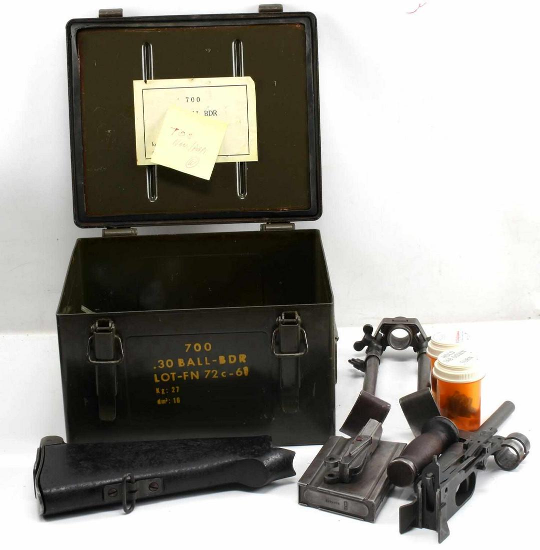 WWII US BROWNING AUTOMATIC RIFLE STOCK PART LOT: Disassembled WWII US Army Browning Automatic Rifle assorted parts lot. Includes original bakelite stock, bipod, magazine, lower receiver, and handle. In good condition with some surface rust and wear.