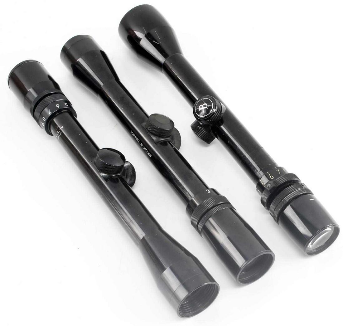 LOT OF 3 BUSHNELL 3 X 9 SCOPE LOT SPORTCHIEF: Two black Bushnell Sportview scopes, 3x-9x magnification, in excellent condition. One vintage black Bushnell Scopechief IV 3X Command Post, made in Japan, very good condition, with clear clean optics.