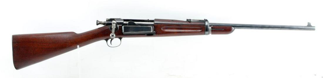 SPRINGFIELD ARMORY KRAG BOLT ACTION RIFLE .30 40: 1897 production. Blued steel with 80% remaining, full wood stock, US 1896 Springfield Armory. 35063 stamped to left side of receiver, JLA 1898 in cursive in cartouche on left side, saddle ring to left