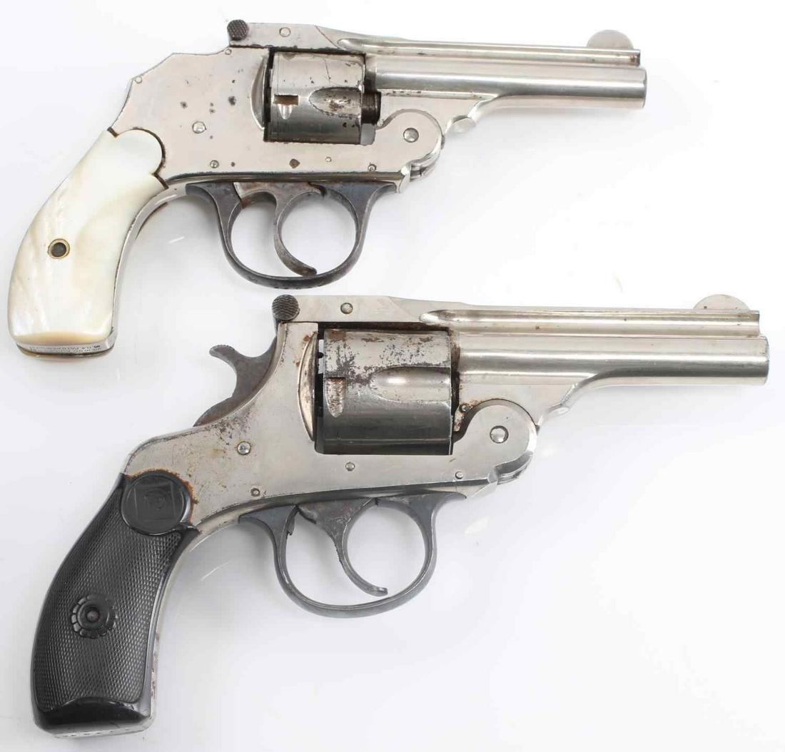 IVER JOHNSON & H&R TOP BREAK REVOLVERS .32 .38: One Iver Johnson .32 caliber hammerless with a 3 inch barrel and pearl grips. One Harrington & Richardson with a 3.25 inch barrel and bakelite grips. Clear markings. Good working condition. Requires F