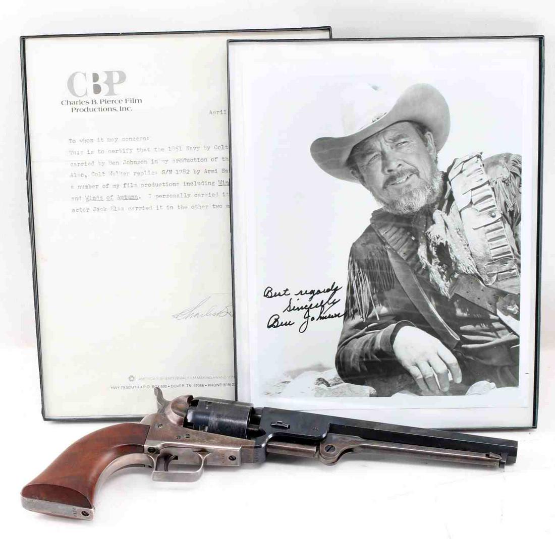 1851 NAVY ORIGINAL COLT MANUFACTURED REPLICA: With autographed photo of Ben Johnson and letter from Charles B. Pierce. Gun was shown in movie as shelf piece. Original Colt manufactured 2nd generation, very nice original condition, with engraved c