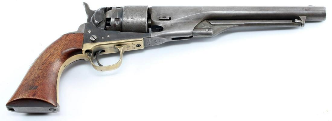 COLT ARMY MODEL 1860 SINGLE ACTION 44 CAL NAVY: US Civil War era Colt Army Model 1860 .44 Caliber 8 inch barrel percussion cap pistol with naval engagement scene engraved on cylinder. Barrel in very good condition with "Address Sam L Colt New - Yor
