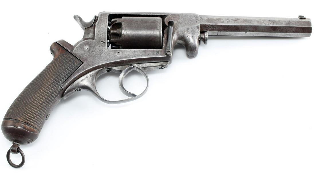 CIVIL WAR ADAMS FRANCOTTE 1856 45 CAL REVOLVER: Civil War era Adams Francotte 1856 .45 caliber black powder percussion cap octagonal barrel double action 5 shot revolver in good condition. Noticeable dings on underside of barrel. Double action work