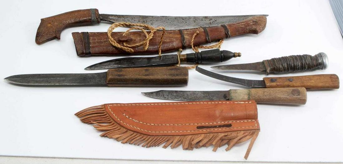 KNIFE LOT OF SIX VINTAGE TO ANTIQUE BONE HANDLE: One wood handled knife with leather sheath. One Mexican fighting dagger with blade stamped "P. Lepe" One wood handled scraper. One leather wrapped short knife stamped "Marble's Gladstone Mich. USA" On