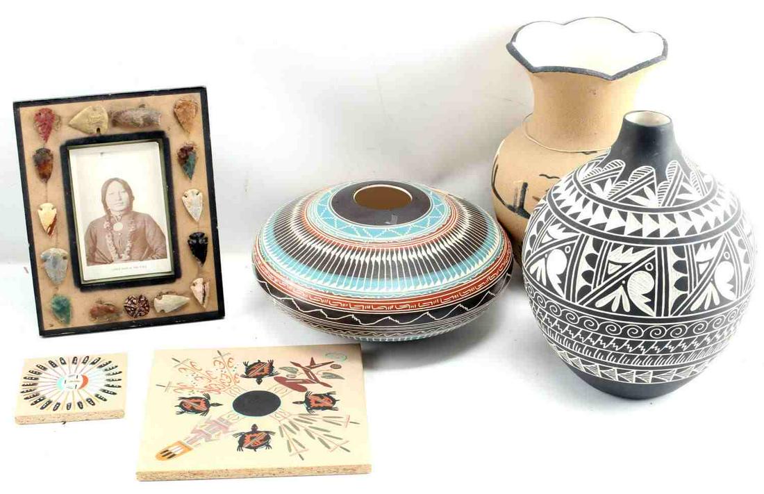 LOT OF 5 NATIVE AMERICAN SANTE FE VASES SAND ART: Two signed sand paintings, measuring 3.5 inches by 3.5 inches and 8 inches by 8 inches, respectively, from "Sandman Sand Art", in Santa Fe, New Mexico. The smaller painting is labeled on back, "Sun an