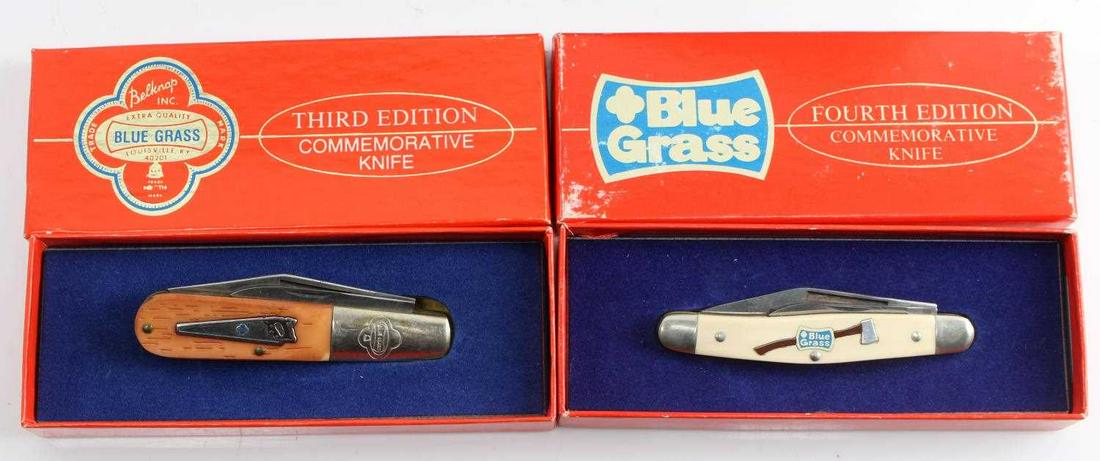 LOT OF 2 BELKNAP & BLUEGRASS COMMEMORATIVE KNIFE: First knife is a Belknap Blue Grass Third Commemorative Knife. Tangs reads BG-3 John Primble Louisville Kentucky and reverse side reads 2258. Mint in box. Second knife is a Belknap Bluegrass Fourth Ed