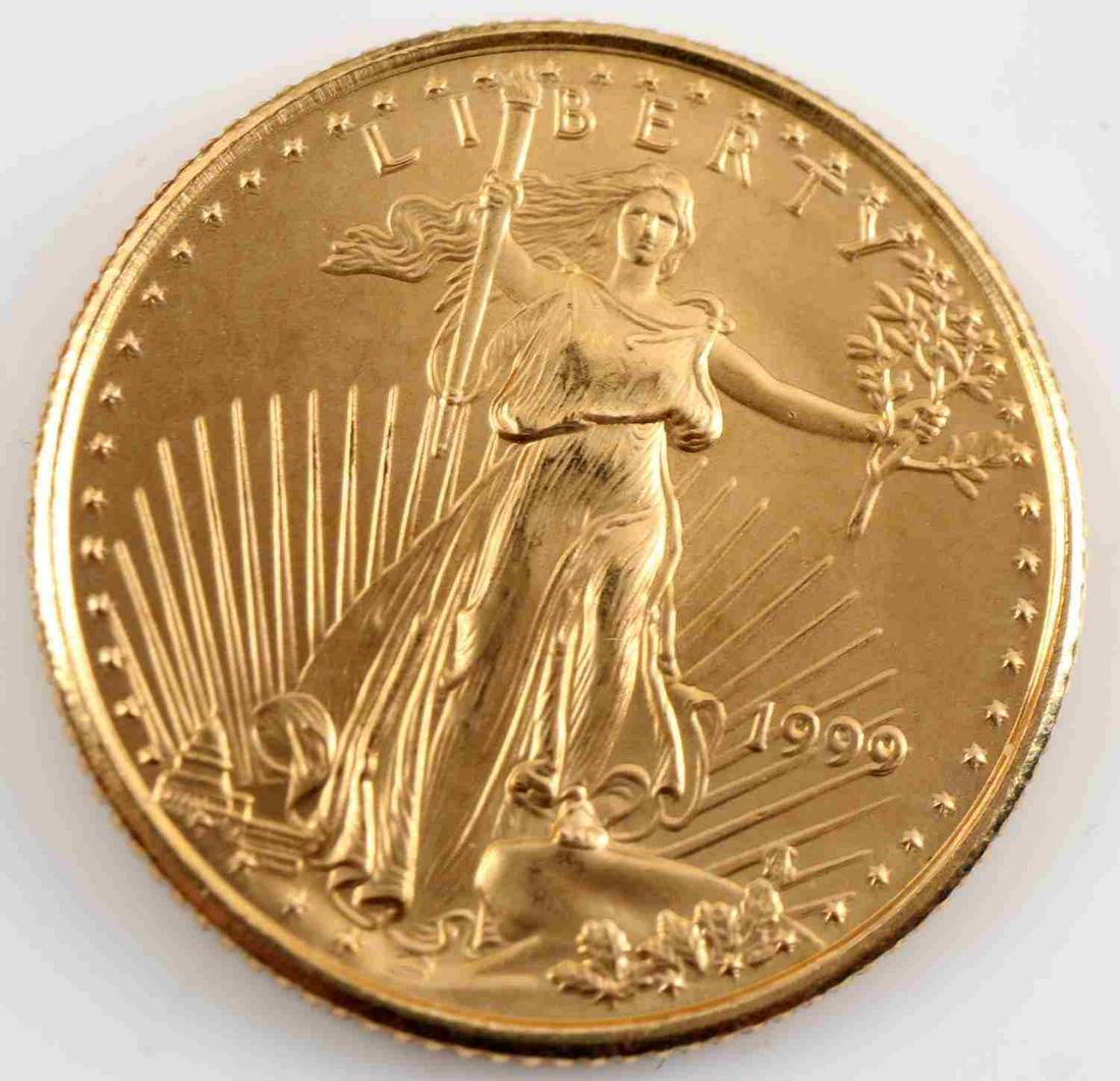 1999 1/10 OZ GOLD AMERICAN EAGLE BU COIN: Brilliant uncirculated 1999 American Eagle 1/10 ounce gold coin. The coin is .999 fine gold