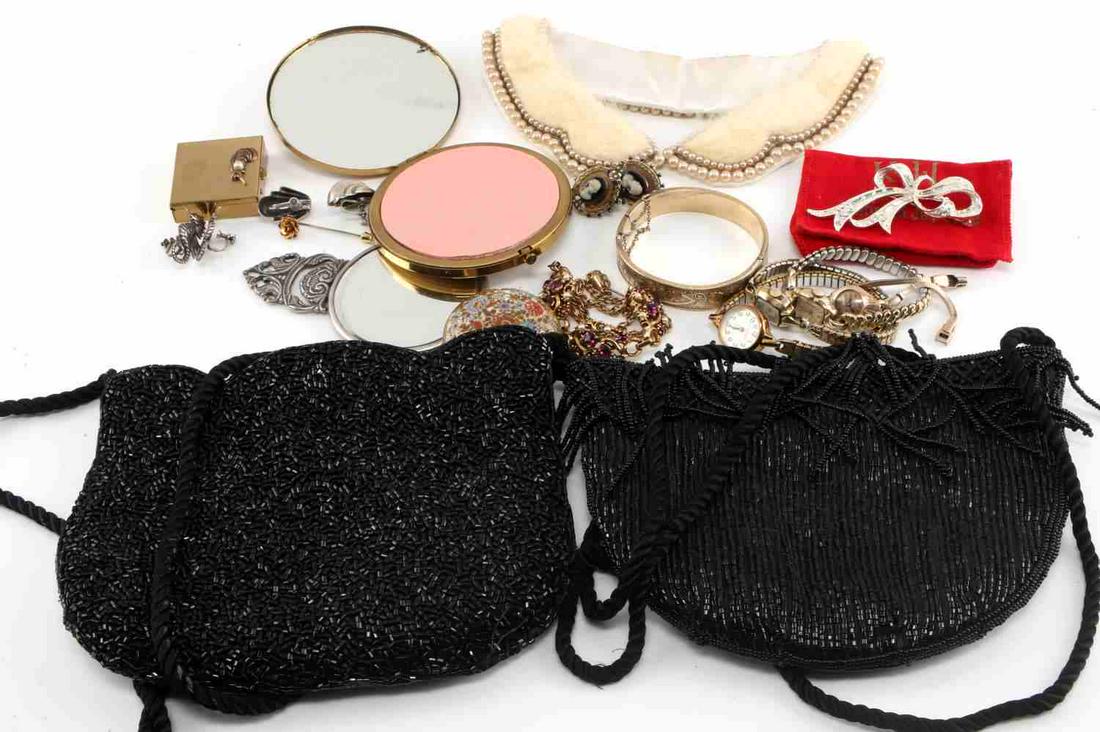 ANITQUE VINTAGE COSTUME JEWELRY PURSE LOT: Lot includes Kenneth Lane, Coro, Waltham, Regale beaded purses, gold plate and sterling silver pieces. Watches need service, use wear and tarnish on some items but in overall good condition