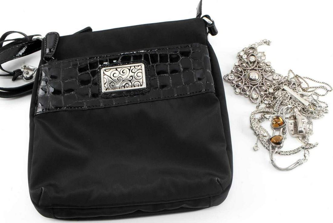 BRIGHTON DESIGNER JEWELRY AND PURSE LOT: Necklaces 15 to 18 inches, bracelets 8 inches, Large medallion pendant necklace 3"x3" on a 15-18 inch adjustable chain. Brighton purse E997903 in excellent condition.