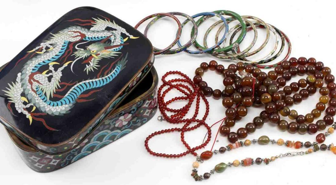 VINTAGE CHINESE CLOISONNE BANGLE BEAD AND BOX LOT: Lot includes 10 bangles, brown glass prayer beads, 2 bead necklaces and an antique cloisonne jewelry box. In overall good condition for age with some wear and fracturing of enamel.
