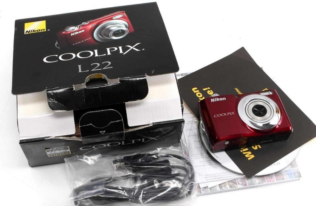 NIKON COOLPIX L22 CAMERA NEW IN BOX MEGAPIXELS: Nikon COOLPIX L22 camera new in box. Has 12 megapixels, 3 inch LCD screen, and a 3.6x zoom Nikkor lens. Includes strap, 2 AA batteries, USB cable, Software Suite CD, quick start guide, users manual CD