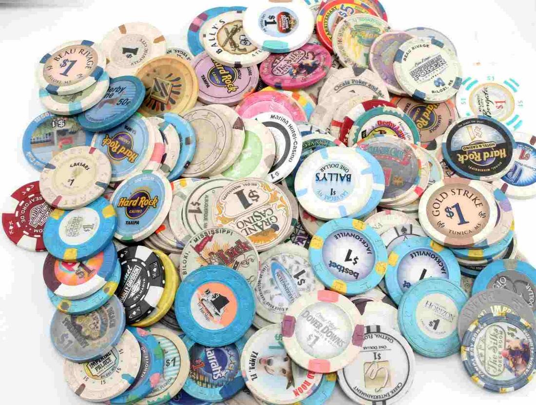 ASSORTED LOT OF 132 POKER CHIPS FROM CASINOS: Assorted Lot of Poker Chips from various Casinos around America. Lot includes $1, $2 and $5 chips but, lot mostly consists of dollar chips. Very good condition.
