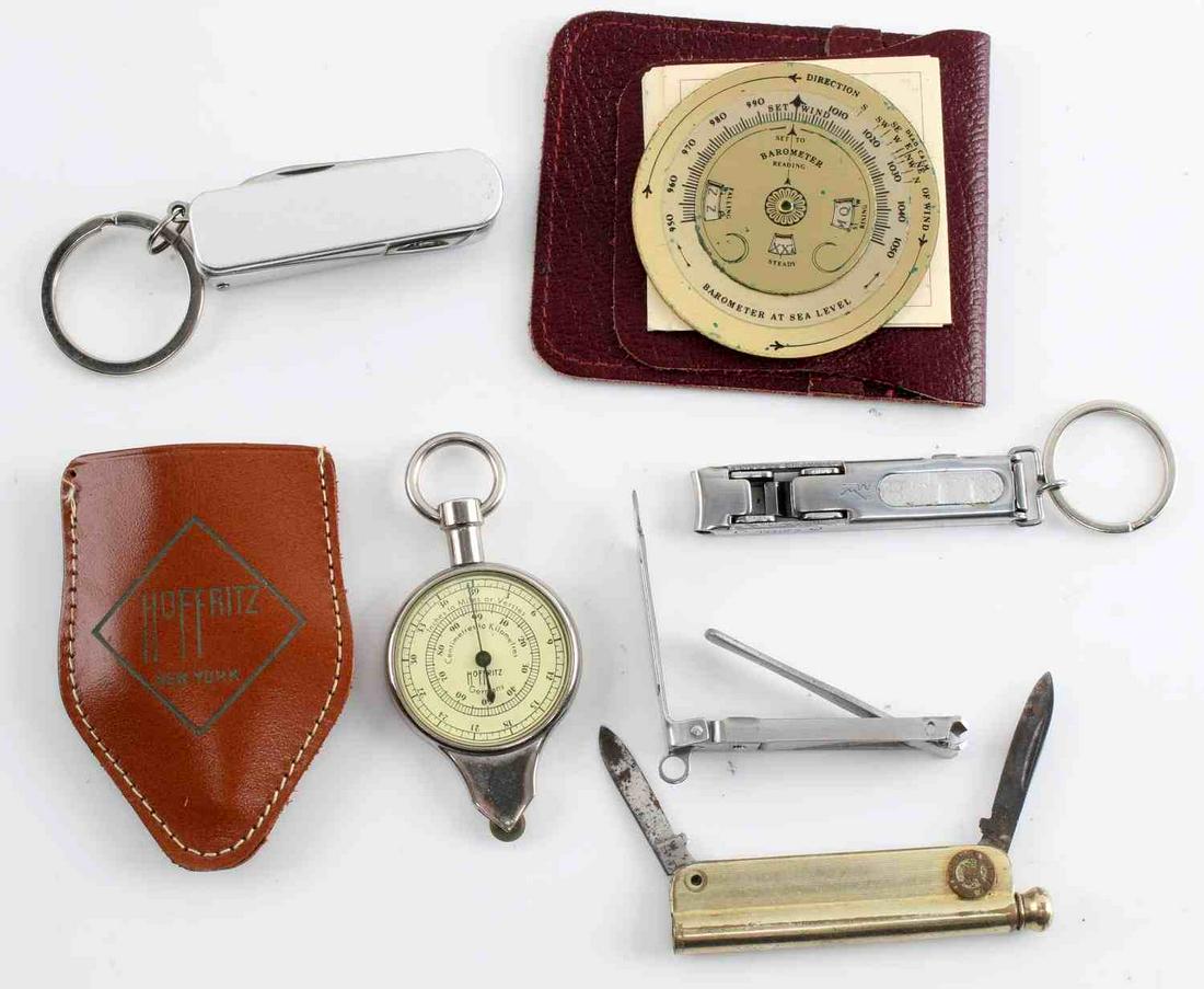 BAROMETER HOFFRITZ MAP MEASURER PROPELLING PEN: One brass "Past Times" pocket weather forecaster, based on the designs from 1920s, in vinyl case, cast in solid brass, acid etched detailing. Some green marks/tiny scratches around outer edges and inn