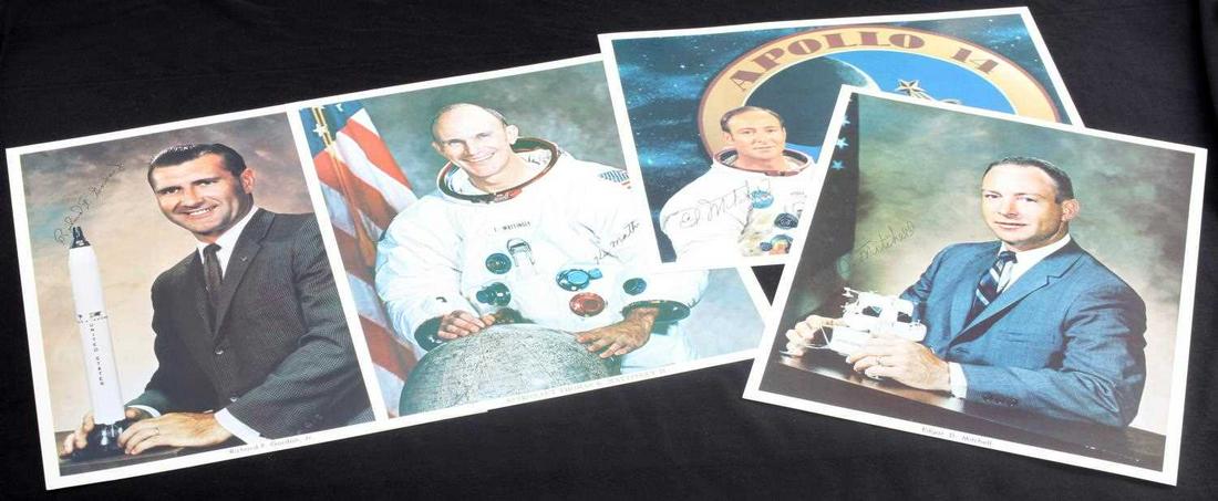 LOT OF 4 ASSORTED US ASTRONAUT AUTOGRAPHS: Lot of FOUR (4) 8x10 color photos includes autographs by Edgar D. Mitchell (2x), Thomas K. Mattingly II, and Richard F. Gordon Jr. No COAs. Unauthenticated. Sold "as is".