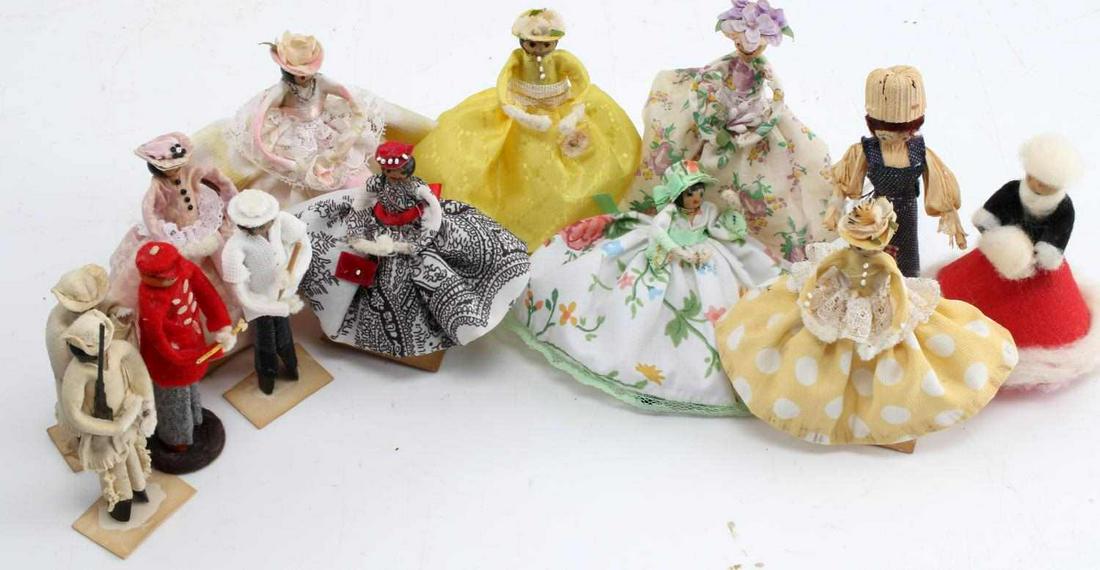 ANTIQUE CLOTHES PIN DOLL FIGURINES: Vintage handmade wood clothes pin dolls, 13 in total. Garments hand sewn faces and hair hand painted.