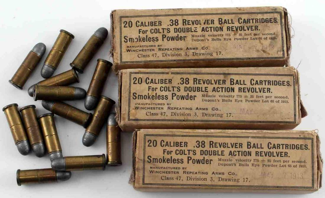 LOT OF VINTAGE 38 CALIBER REVOLVER 74 ROUNDS AMMO: Lot of vintage .38 caliber revolver rounds, 74 cartridges in total. 3 boxes of Winchester .38 Colt double action revolver ball cartridges, 20 rounds in each box. Stamped "May 7 1913". 14 loose WRA .38