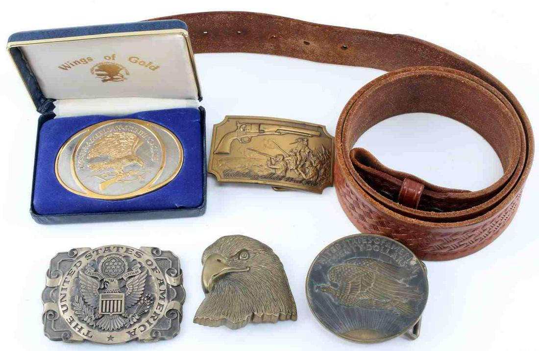 US EAGLE COLT HUNTING BRASS BUCKLE LOT W BELT: Patriotic lot includes Wings of Gold Hunting Club gold plated buckle, Colt Model 1860 Army Revolver 2nd ED. and other brass belt buckles. Included is a tolled leather belt sizes 40-44.