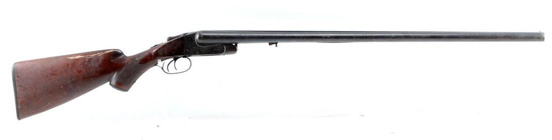 UNKNOWN MAKER SIDE BY SIDE 12 GA SHOTGUN PARTS: Nitro Powder Steel marked to top rib, 28 inch barrels with fair clear bores, wood stock, forestock missing, hairline crack to left side stock, wood butt, serial number to interior receiver and under b