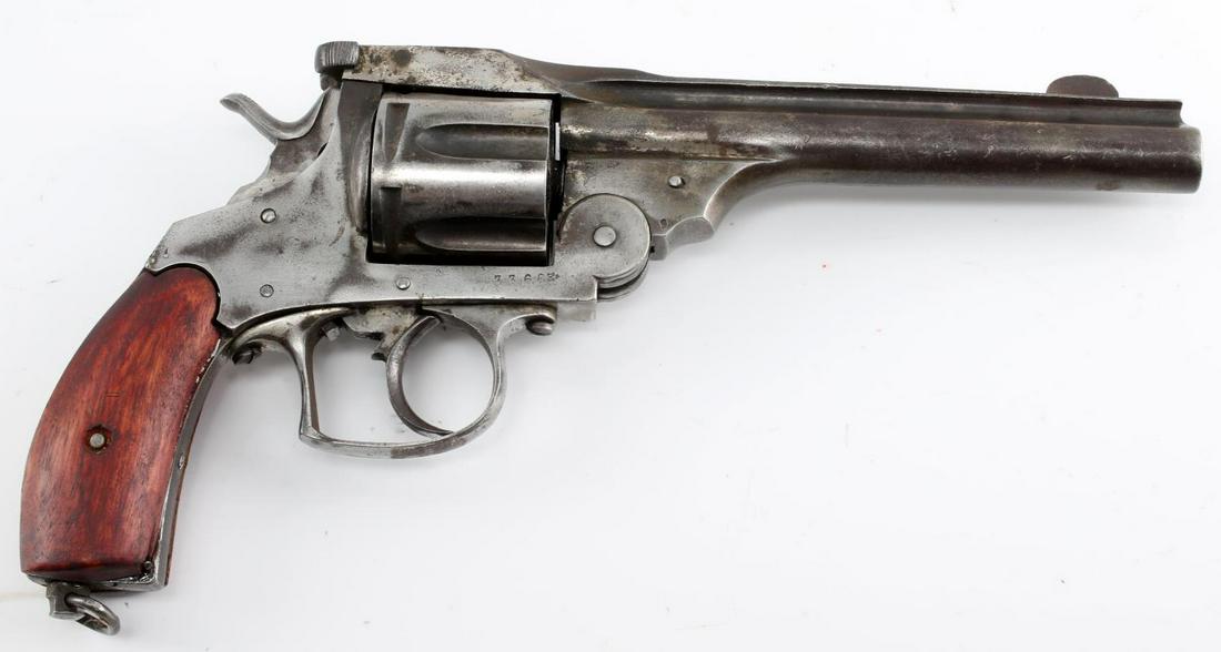 BELGIAN COPY OF S&W NO. 3 DA REVOLVER .44 WIN CAL: Scattered patina but smooth, serial no. and proof marks to right side frame, For .44 Winchester cartridge marked to top rib, 6 1/8 inch barrel with dark corroded bore, Belgium marked to left side, and