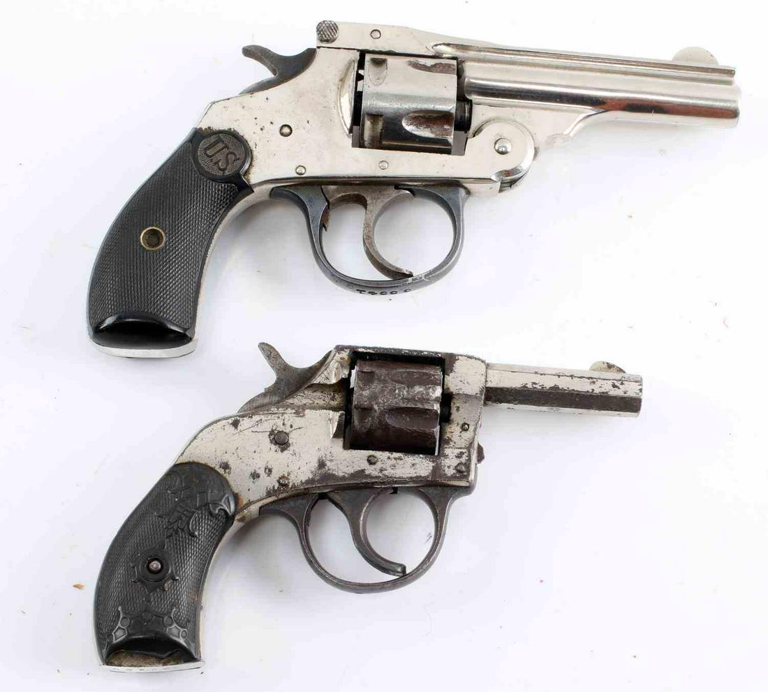US TOP BREAK & H&R VINTAGE REVOLVERS .32CF .22RF: One US top break 5 shot revolver with 3 inch barrel, good bore, serial no. to exterior trigger guard. One H&R Young American Double Action 7 shot revolver with a 2 inch barrel, dusty bore, play in the