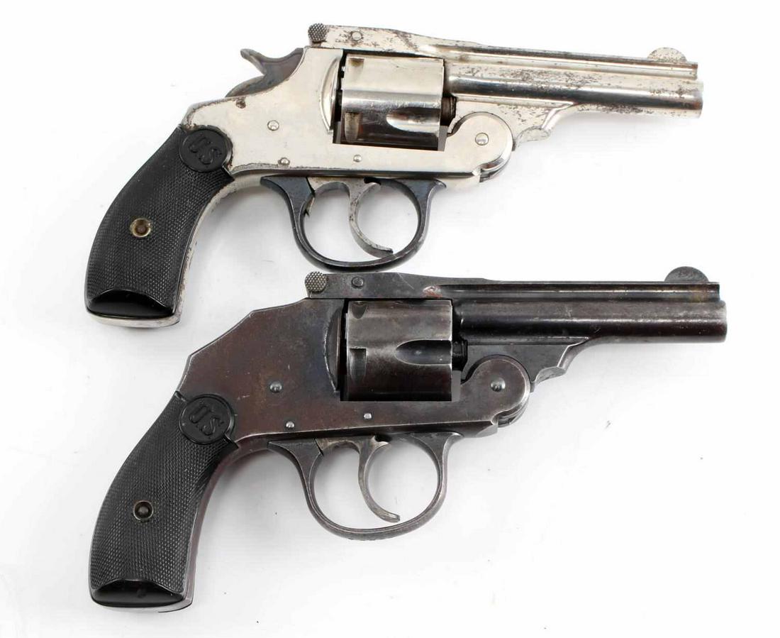LOT OF 2 US TOP BREAK REVOLVERS IN .38 CF: One 5 shot hammerless, maker marked to top rib, 3.25 inch barrel with fair bore, little loss to one grip. One 5 shot with nickel finish, 3.25 inch barrel with fair bore, some pitting. Serial numbers t