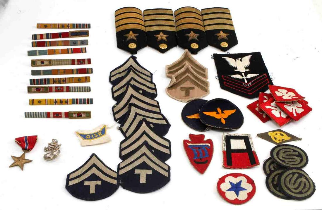 US MULTI CONFLICT BADGE PATCH AND INSIGNIA LOT: US Military Badge, Patch and Insignia lot. Lot includes 27 patches, 10 Bars, one bronze star, one US Navy pin and two sets of shoulder boards