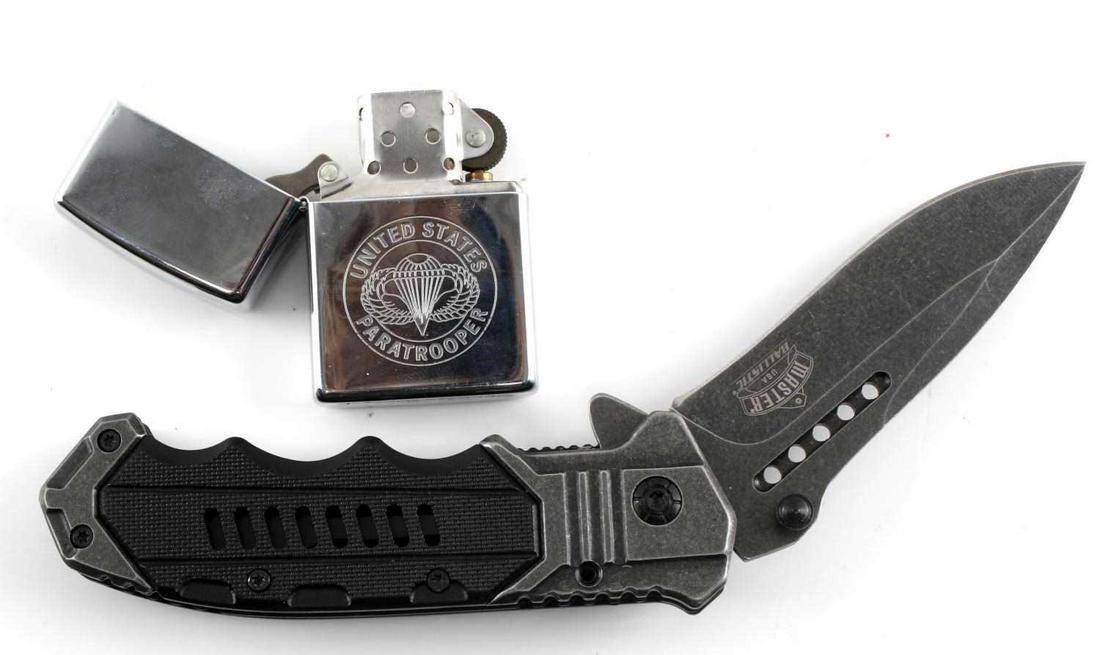US PARATROOPER ZIPPO LIGHTER AND MASTER KNIFE: US Paratrooper Zippo Lighter and Master Ballistic Knife. Zippo lighter is made of stainless steel, made in Bradford, PA. Master Ballistic Knife is composed of stainless steel. Blade measures 3.75 inch