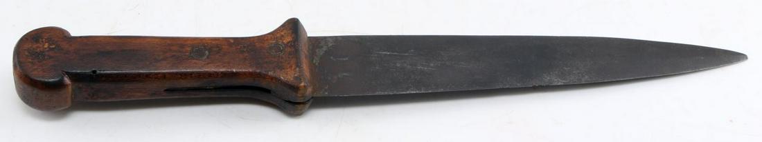 CIVIL WAR SMW GA KNIFE WOOD GRIP CONFEDERATE: Blade measures 9 7/8 inches with wear to tip, wood grips has initials SMW GA primitively carved into one side. Edge wear and oxidation. Very good original condition. Well crafted early knife.