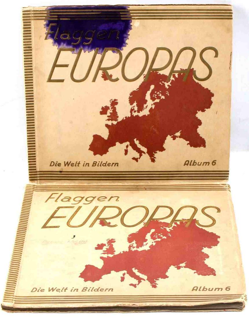 WWII GERMAN LOT OF EURO FLAG CIGARETTE CARD ALBUMS: Lot of 2 complete German WWII cigarette card albums. Both are "Flaggen Europas" album 6. Contains various cards of flags of Europe. The first has a hole going almost all the way through the left middl