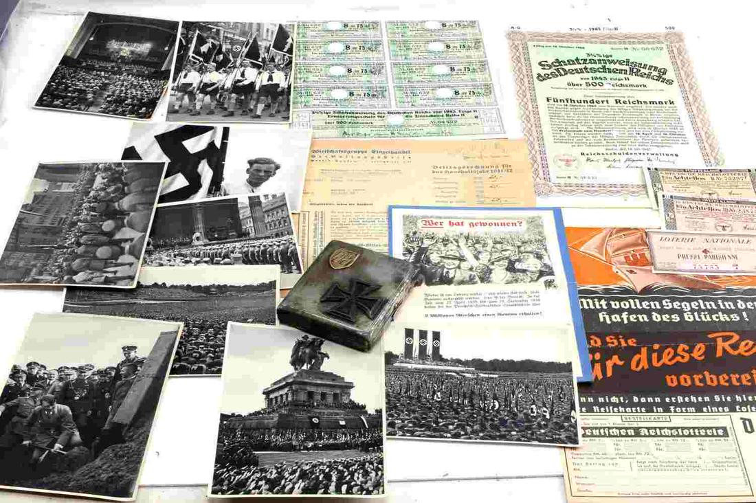 WWII GERMAN LOT OF MEMORABILIA CIGARETTE CARDS: Lot of 18 WWII German memorabilia including 3 lottery tickets in okay condition with tears and staining, 2 advertisement documents for the German lottery in good condition with a fold in middle of eac