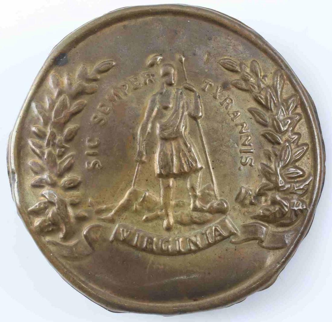 CIVIL WAR CONFEDERATE VIRGINIA BREAST PLATE BUCKLE: Confederate Civil War Era Virginia Breast Plate Cross Strap Buckle. Measures 2 9/16” in diameter. The front reads ‘Sic Semper Tyrannis Virginia’. The front shows a Roman Soldier dressed in comba