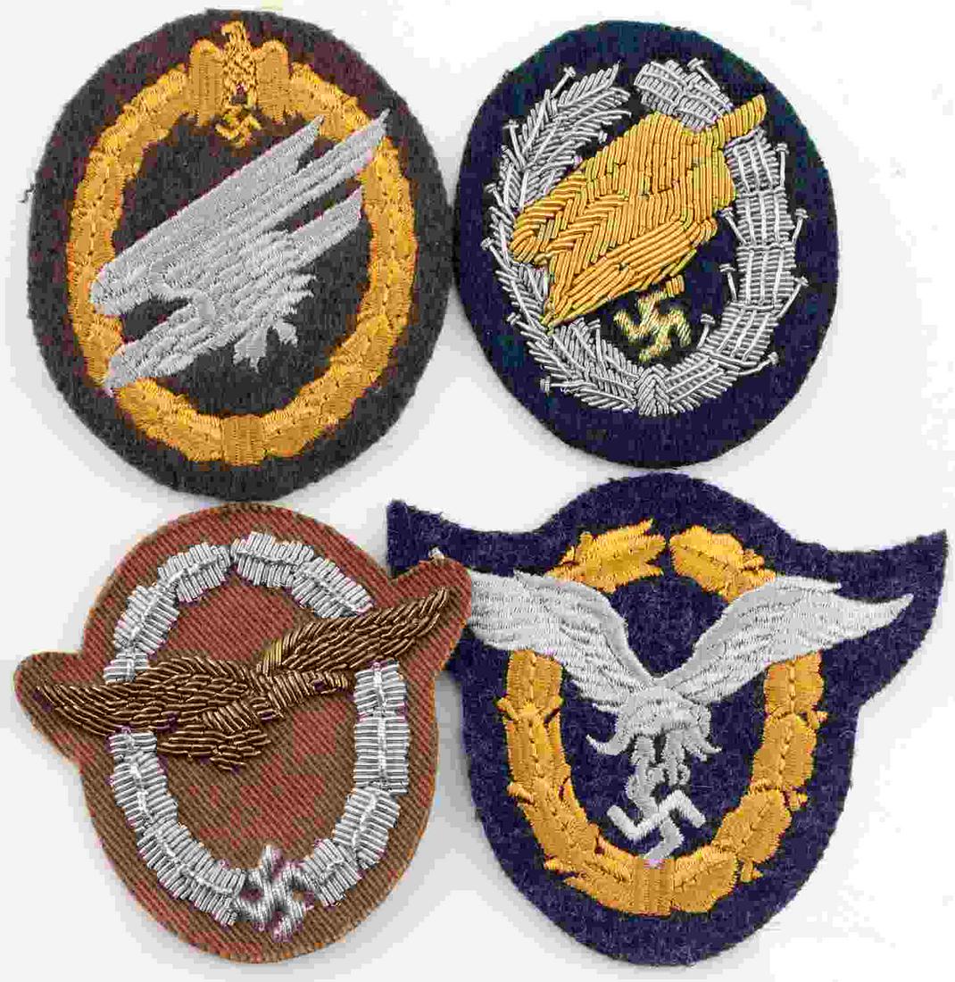 WWII THIRD REICH LUFTWAFFE CLOTH BADGES: Lot of 3 German WWII Luftwaffe Cloth Qualification Badges. Includes Luftwaffe Paratrooper Fallschirmjager Badge in bullion wire; Luftwaffe Pilot Observer Badge in cloth embroidery; Luftwaffe Glider Pi