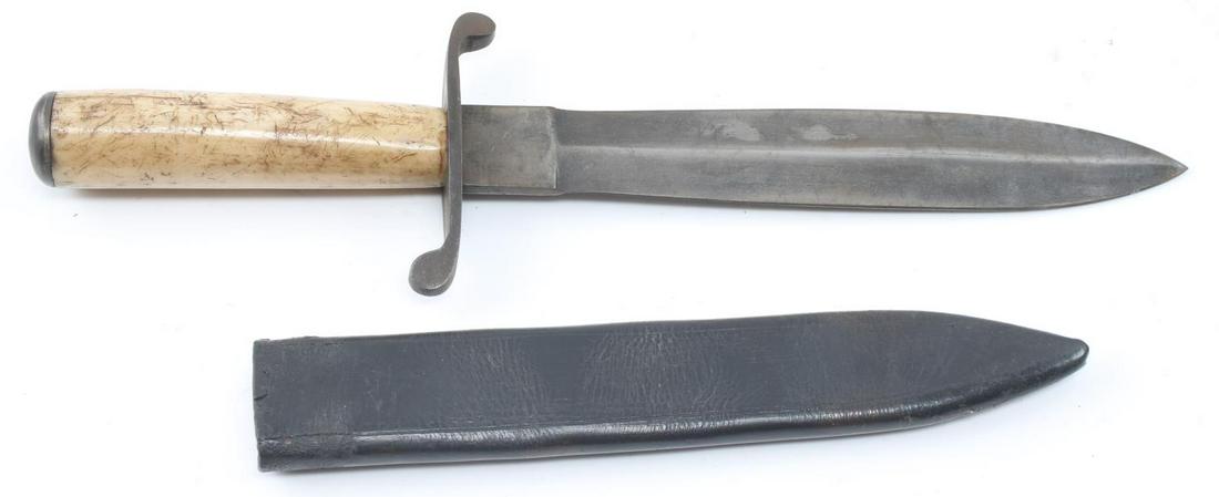 CONFEDERATE STATES ARMY CSA CIVIL WAR BOWIE KNIFE: CSA Confederate States Army Civil War Era Bowie Knife and Scabbard. Measures 14.25 inches long. Blades measures 9 inches. Blade is double bladed with a makers mark of "Nashville Plow Works" Has a roun
