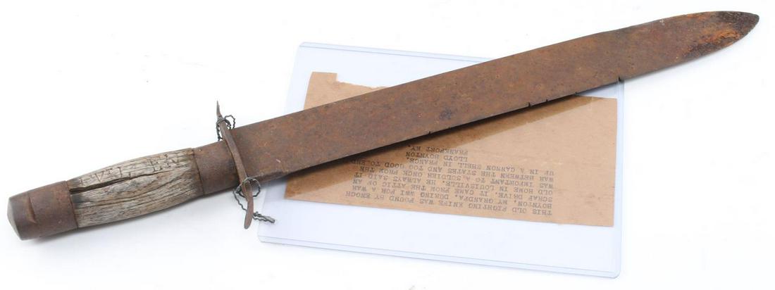 CIVIL WAR CONFEDERATE STATES ARMY BOWIE KNIFE: Confederate States Army Civil War Era Military Bowie Knife. Measures 17 1/8” long overall. The rusted single edged steel blade measures 1 1/2" wide by 12 5/16” long. The weather and cracked wood h