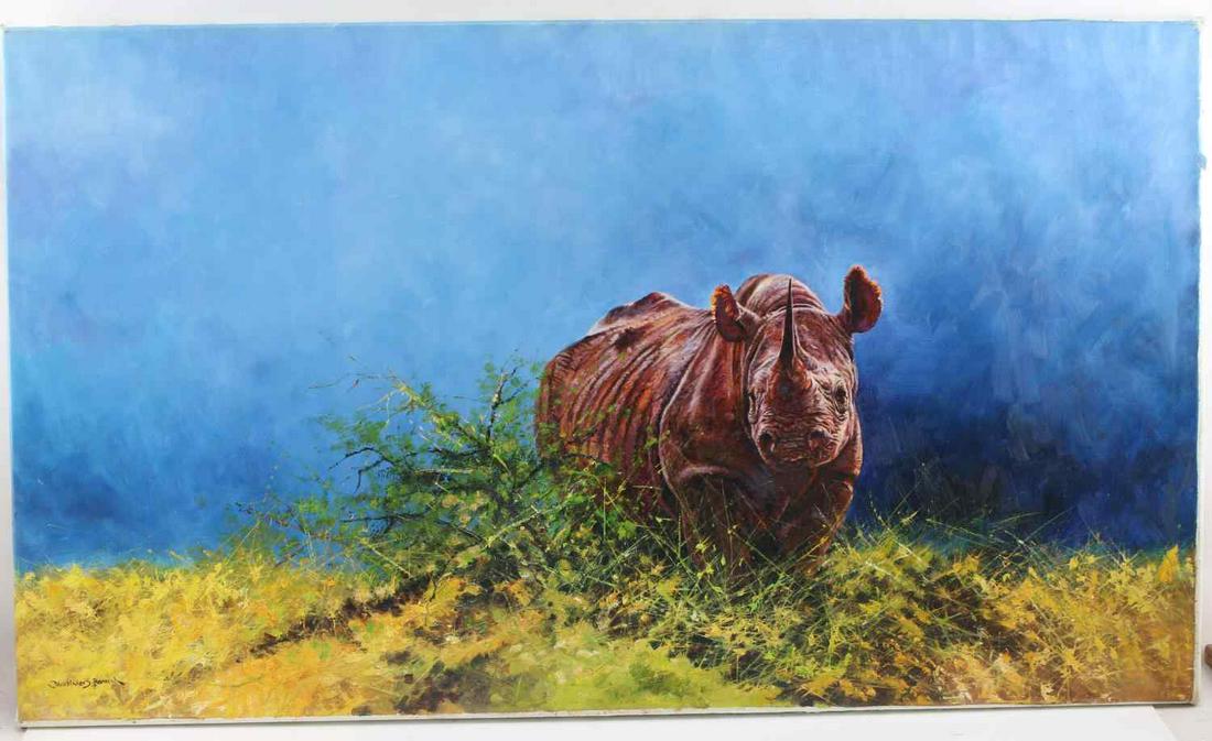 DHARBINDER S BAMRAH WILDLIFE PAINTING RHINOCEROS: Oil on canvas painting of a rhinoceros. Titled "Approaching Storm" Signed to lower left. Sight measures 22 inches by 38 inches. In very good condition. This lot has a reserve.