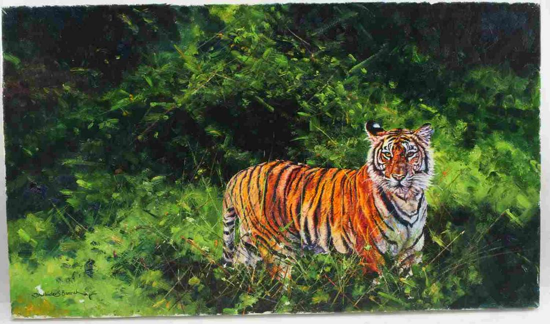 DHARBINDER S BAMRAH WILDLIFE PAINTING TIGER: Dharbinder S. Bamrah contemporary wildlife painting. Oil on canvas. Tiger in jungle greenery. Title "From Deep Cover" Signed on the lower left. Measures 14 inches by 24 inches. Painting is in very goo