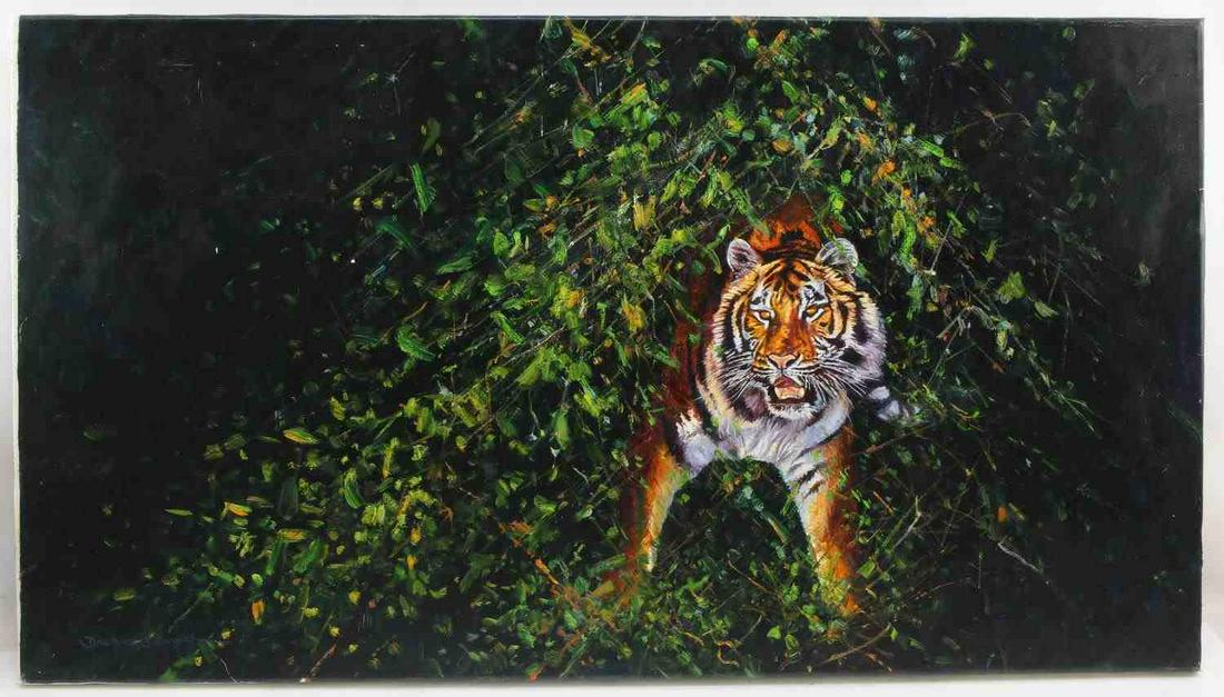 DHARBINDER S. BAMRAH WILDLIFE PAINTING TIGER: Dharbinder S. Bamrah contemporary wildlife painting. Oil on canvas. Tiger in jungle greenery. Title "Into the Light" Signed on the lower left. Measures 18 inches by 32. Painting is in very good condit