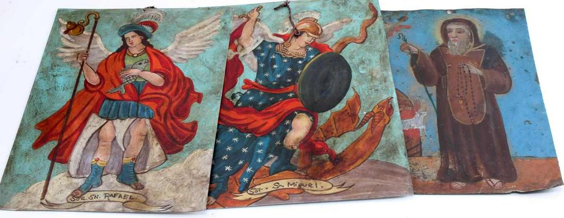 LOT THREE MEXICAN FOLK ART TIN RELIGIOUS PAINTINGS: Three icon on tin paintings of St. Raphael, St. Michael, St. Francis of Paola. Coloration is still vibrant and there is minimal rusting or damage to the images. Average measurement is 7 inches by 10 i