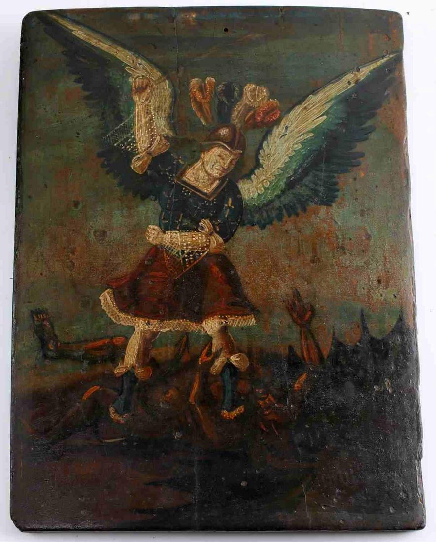 OIL ON WOOD PANEL PAINTING OF ARCHANGEL MICHAEL: Exquisite Spanish colonial wood retablo of Archangel Michael trampling the devil. Coloration is strong and figures are rendered nicely. Piece measures 7.5 inches by 10 inches. Panel is in good conditi