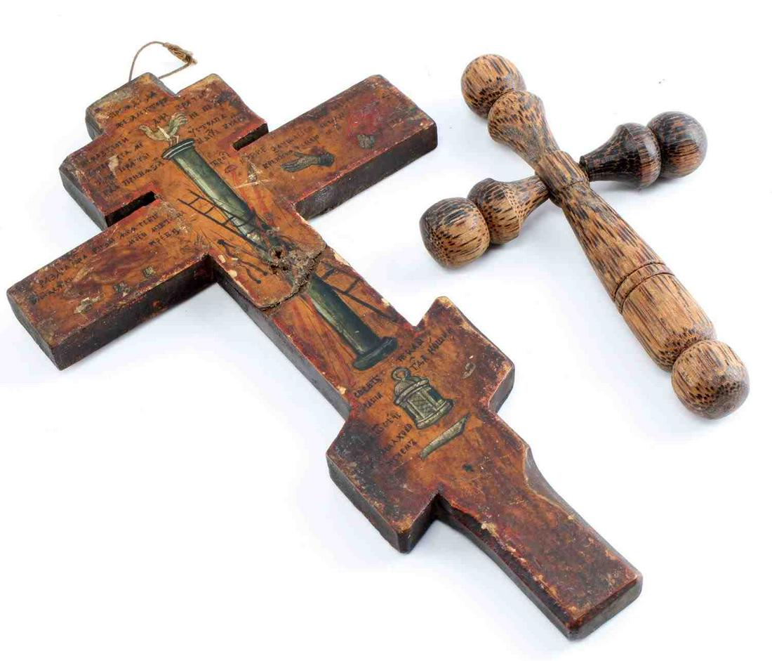 2 WOOD CARVED & PAINTED CROSSES RUSSIAN ANTIQUE: Very nicely done painted crucifix showing Christ on the cross on one side, flanked by the Theotokos and St. John, and God the Father above. Other side has script and instruments of the Passion. Cross