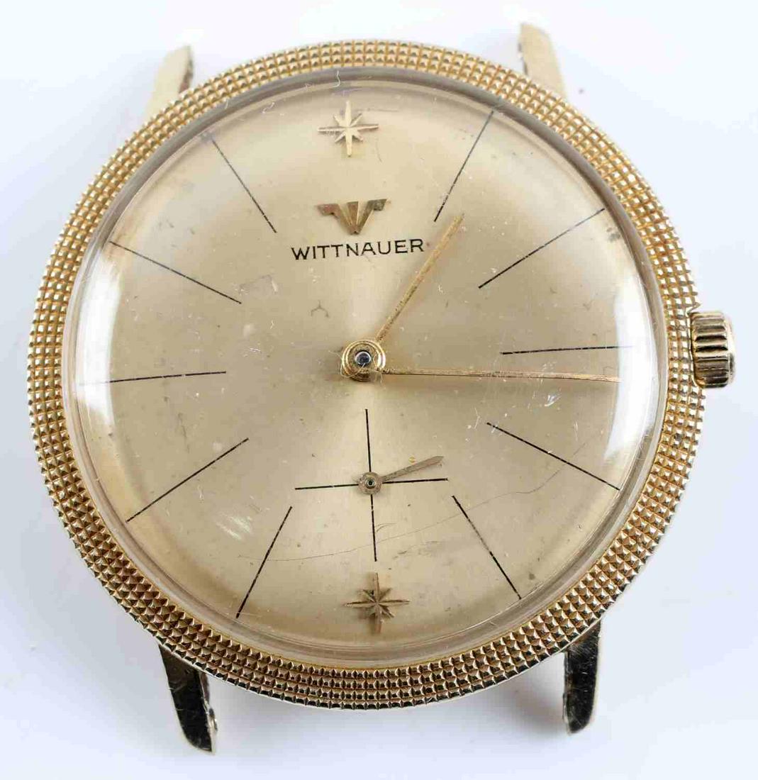 VINTAGE WITTNAUER 14 KT SOLID GOLD MENS WRISTWATCH: Back is stamped 14 KT solid gold case, no band, good working condition, keeps good time and not overwound, some spotting to face barely visible. Watch has not been serviced.
