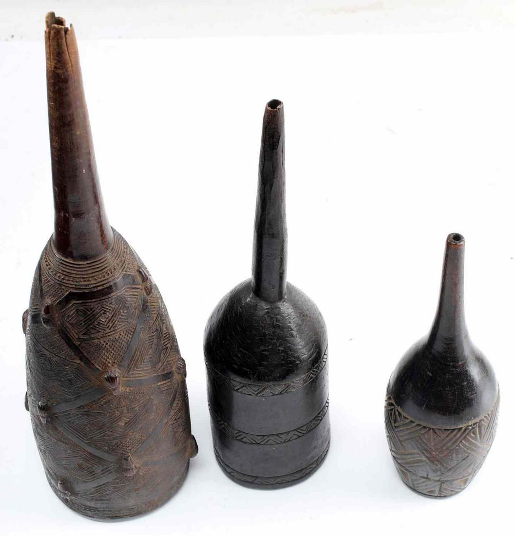 ANTIQUE AFRICAN CARVED WOOD CLYSTER ENEMA 3 LOT: African wood clyster lot of 3. Used to administer enemas, a therapeutic procedure employed by various African ethnic groups for centuries. Groups such as the Kuba peoples made clysters and decorated t