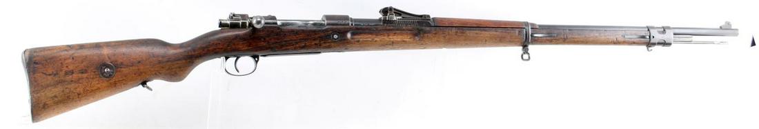 GERMAN MAUSER GEW 98 BOLT ACTION RIFLE 8MM 1918: Blued steel with plumb brown patina, full wood stock, steel butt. Waffenfabrik Mauser A.G. Oberndorf A/N 1918 marked to top of chamber, Gew. 98. marked to left side receiver, proof marks and import ma