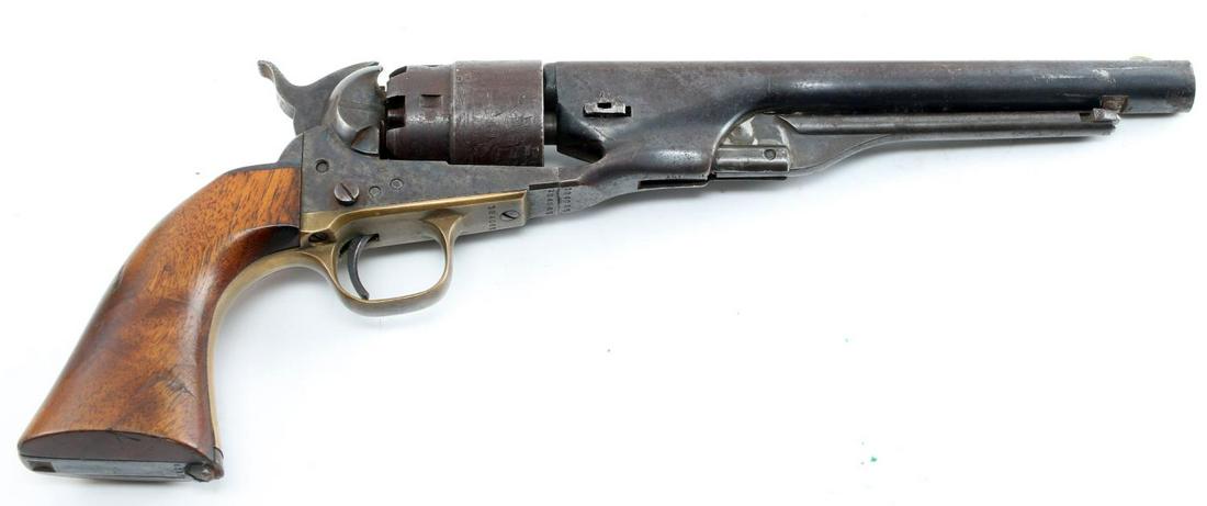CIVIL WAR COLT MODEL 1860 PERCUSSION REVOLVER .44: 8 inch barrel with scattered oxidation, marked '- Address Col. Sam L Colt New - York U.S. America-' to top. Naval engagement scene engraved to cylinder with 16 May 1843 date on it, patent no. 085, pat