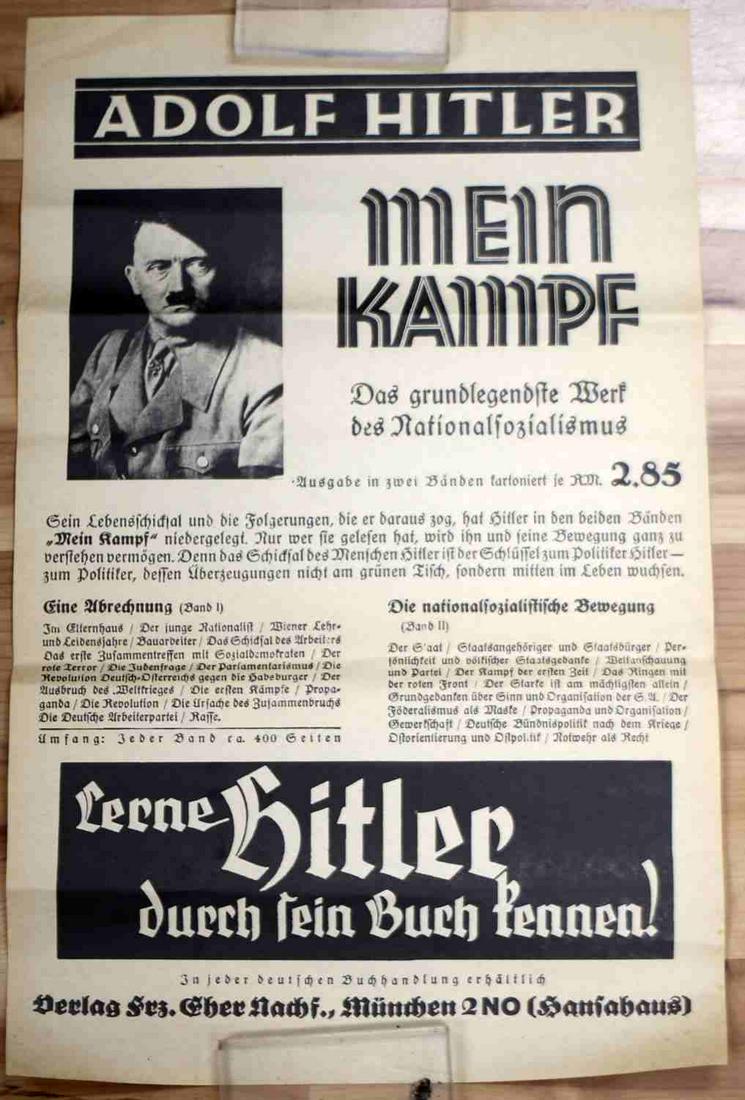WWII GERMAN HITLER MEIN KAMPF ADVERTISEMENT POSTER: WWII German Hitler Mein Kampf Advertisement Poster. the poster measures 20 by 12.5 inches. The poster is in very good condition.
